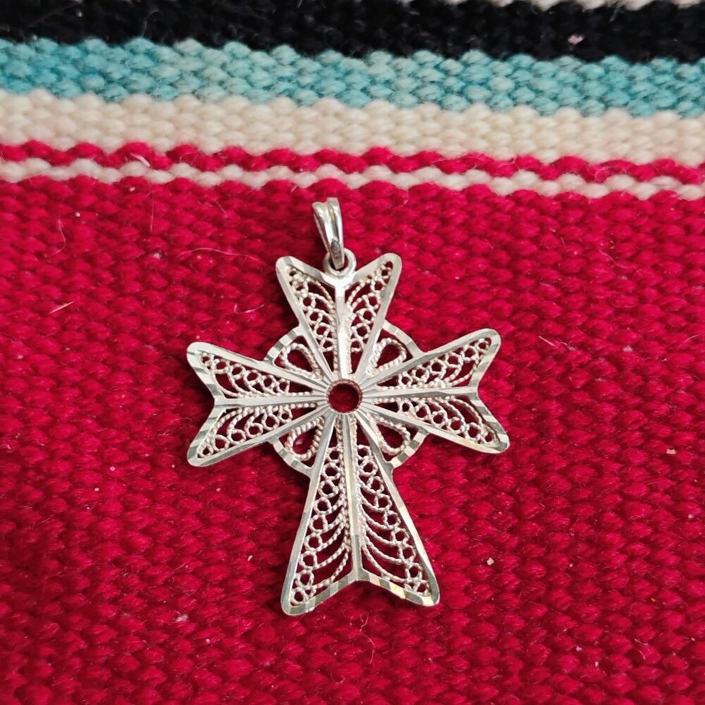 Filigree Sterling Silver Maltese Cross Pendant 1 5/8" Long Handmade - Picture 3 of 6